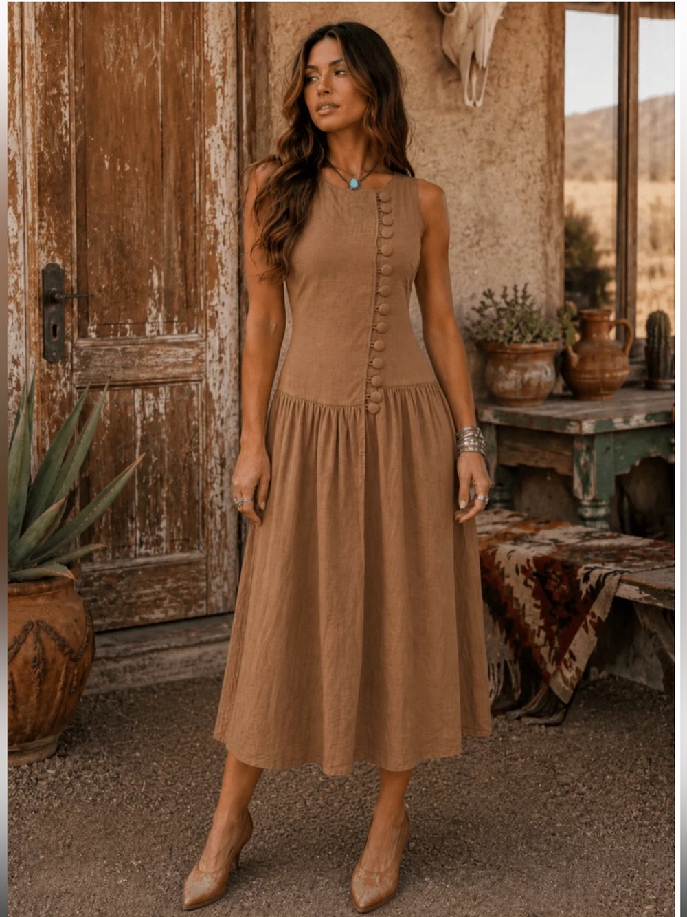 562. Sleeveless Brown Midi Dress with Button-Front Detail